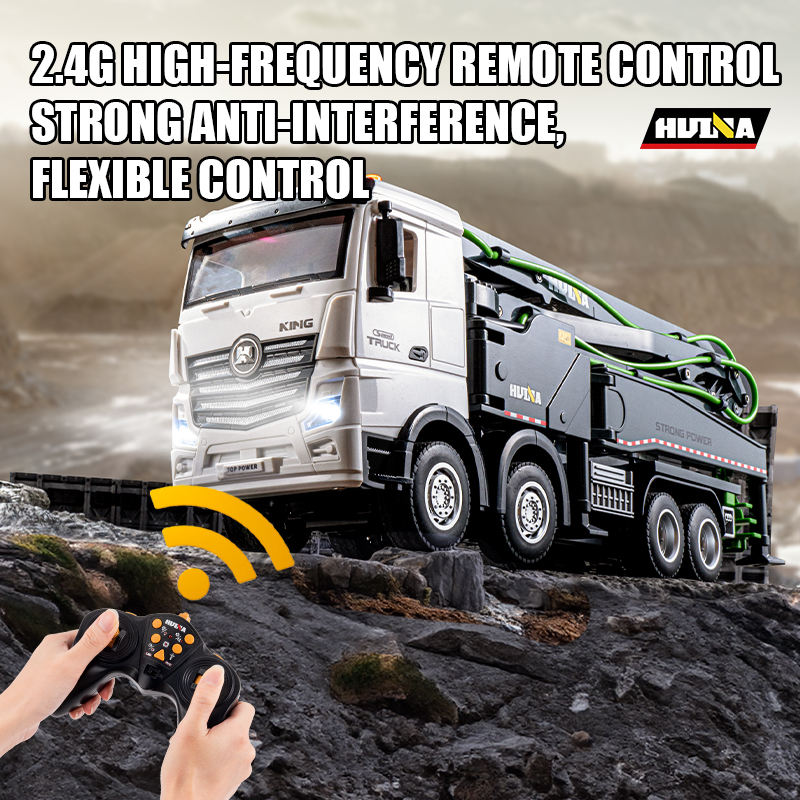 Huina 1381 - 1:18 11CH RC Concrete Pump Truck, 2.4GHz Remote-Control Construction Vehicle with Rotating Pump Arm, One-Key Water Spray, LED Lights, Sound Effects, Rechargeable Battery Included