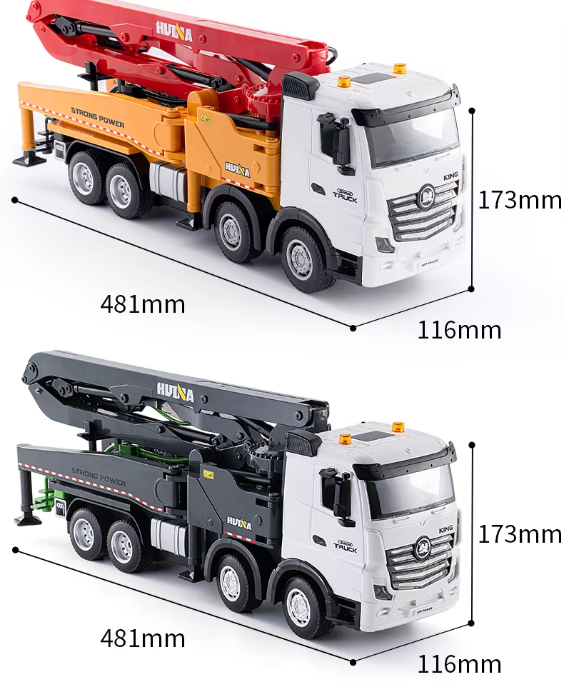 Huina 1381 - 1:18 11CH RC Concrete Pump Truck, 2.4GHz Remote-Control Construction Vehicle with Rotating Pump Arm, One-Key Water Spray, LED Lights, Sound Effects, Rechargeable Battery Included