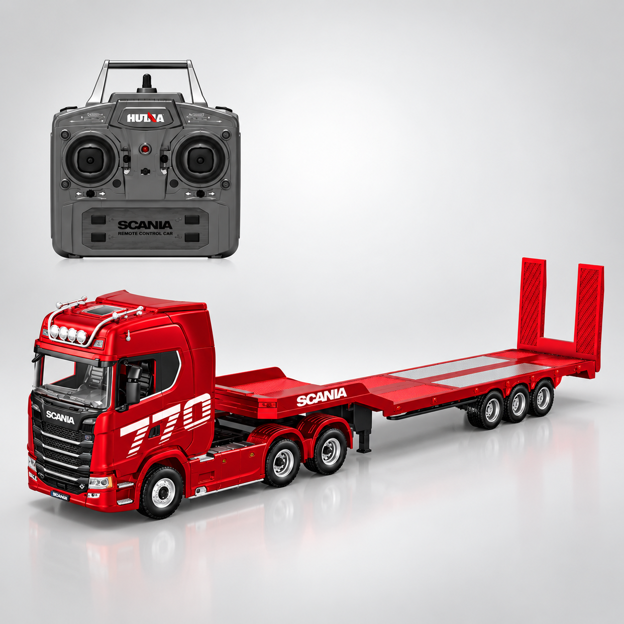 Huina 1501A - 1:18 Scale 19CH 770S RC Tractor Truck with Flatbed Trailer, 2.4GHz Remote Control 6x4 Transport Vehicle, Proportional Steering, Working Trailer Functions, LED Lights & Sound