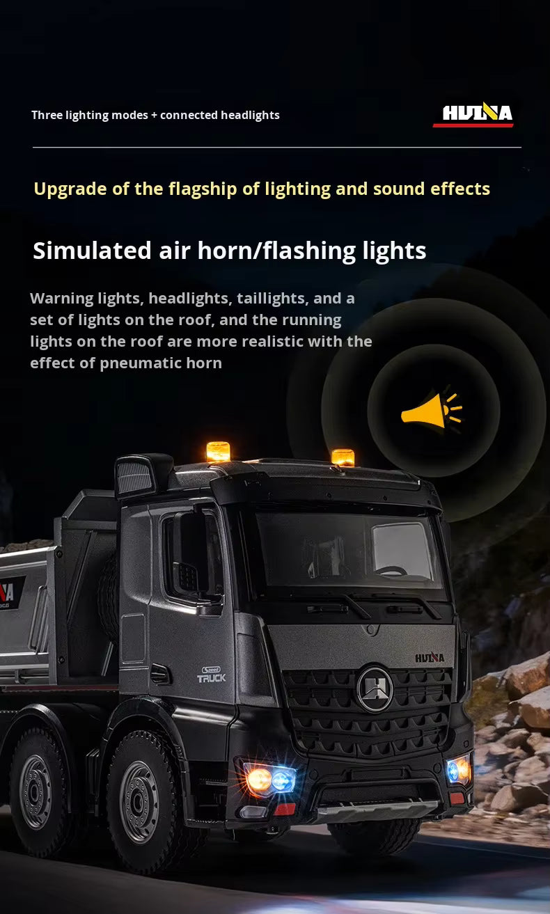 Huina 1536PRO 1/14 Scale Alloy Metal Remote Control RC Dump Truck 12 Channels Ready-to-Go 25m Control Range Realistic Unloading description image 1