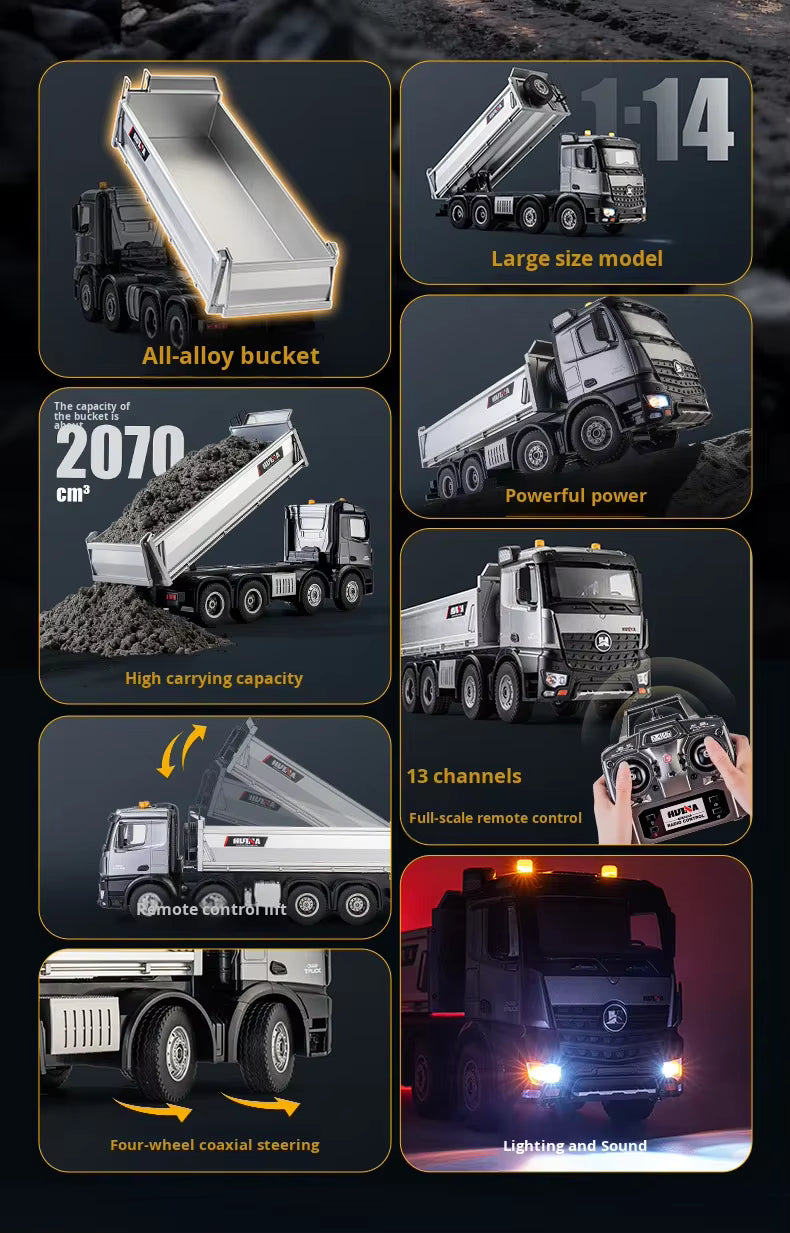Huina 1536PRO 1/14 Scale Alloy Metal Remote Control RC Dump Truck 12 Channels Ready-to-Go 25m Control Range Realistic Unloading description image 5