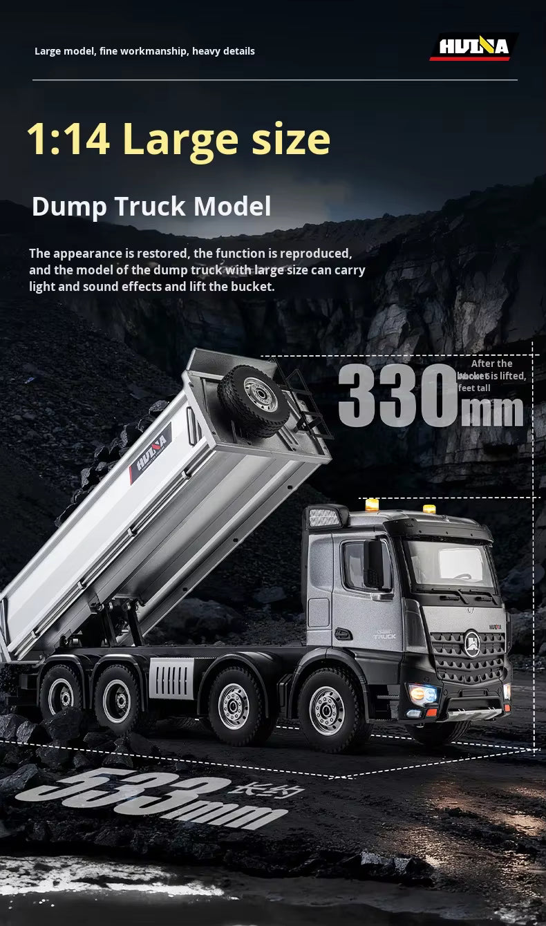 Huina 1536PRO 1/14 Scale Alloy Metal Remote Control RC Dump Truck 12 Channels Ready-to-Go 25m Control Range Realistic Unloading description image 6