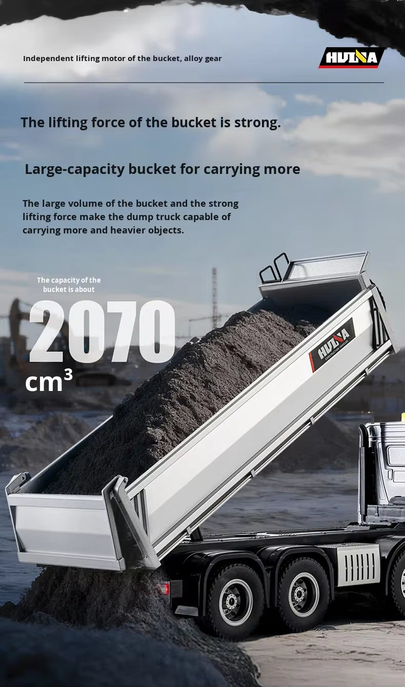 Huina 1536PRO 1/14 Scale Alloy Metal Remote Control RC Dump Truck 12 Channels Ready-to-Go 25m Control Range Realistic Unloading description image 7