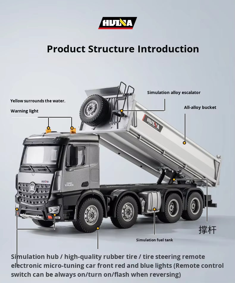 Huina 1536PRO 1/14 Scale Alloy Metal Remote Control RC Dump Truck 12 Channels Ready-to-Go 25m Control Range Realistic Unloading description image 9
