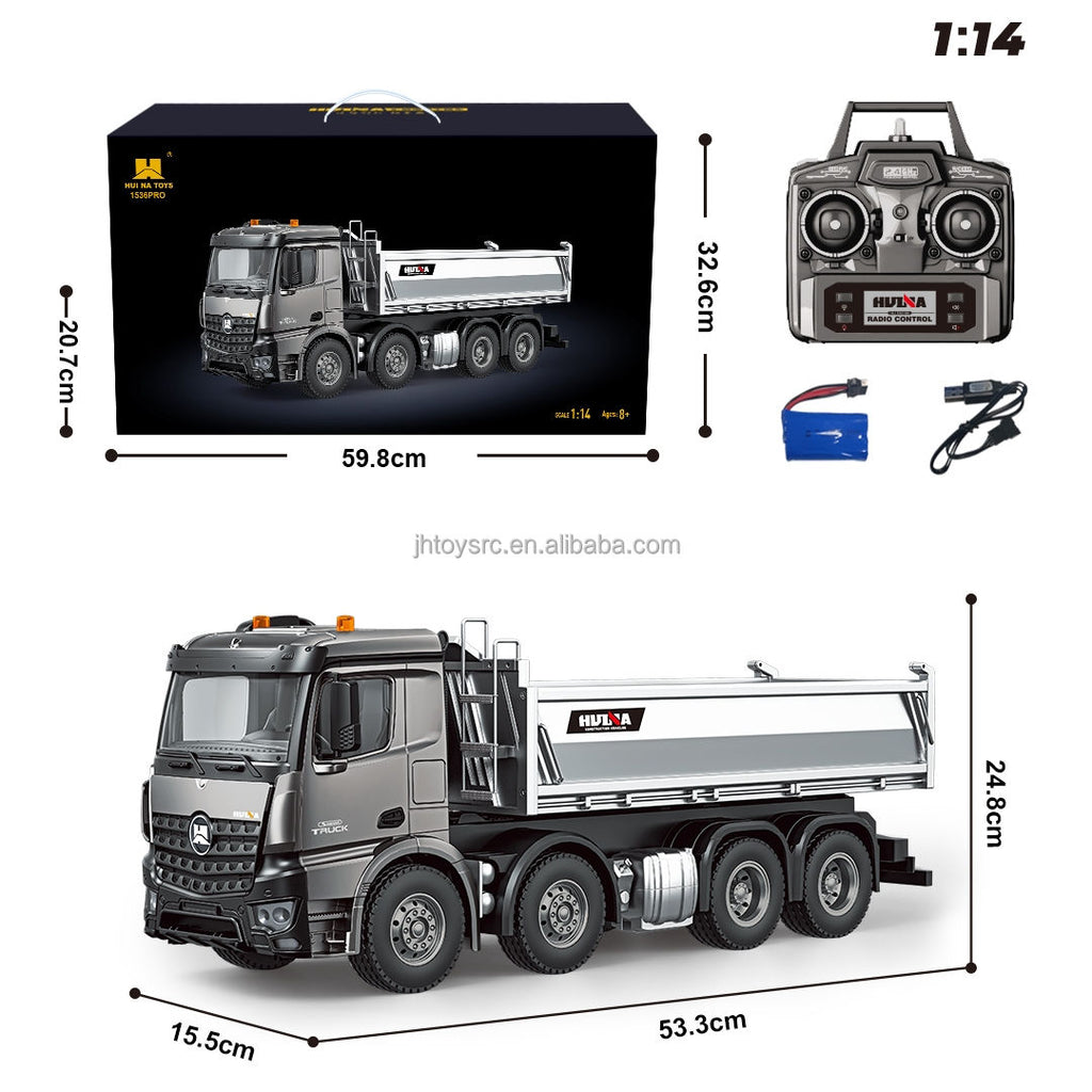 Huina 1536PRO 1/14 Scale Alloy Metal Remote Control RC Dump Truck 12 Channels Ready-to-Go 25m Control Range Realistic Unloading