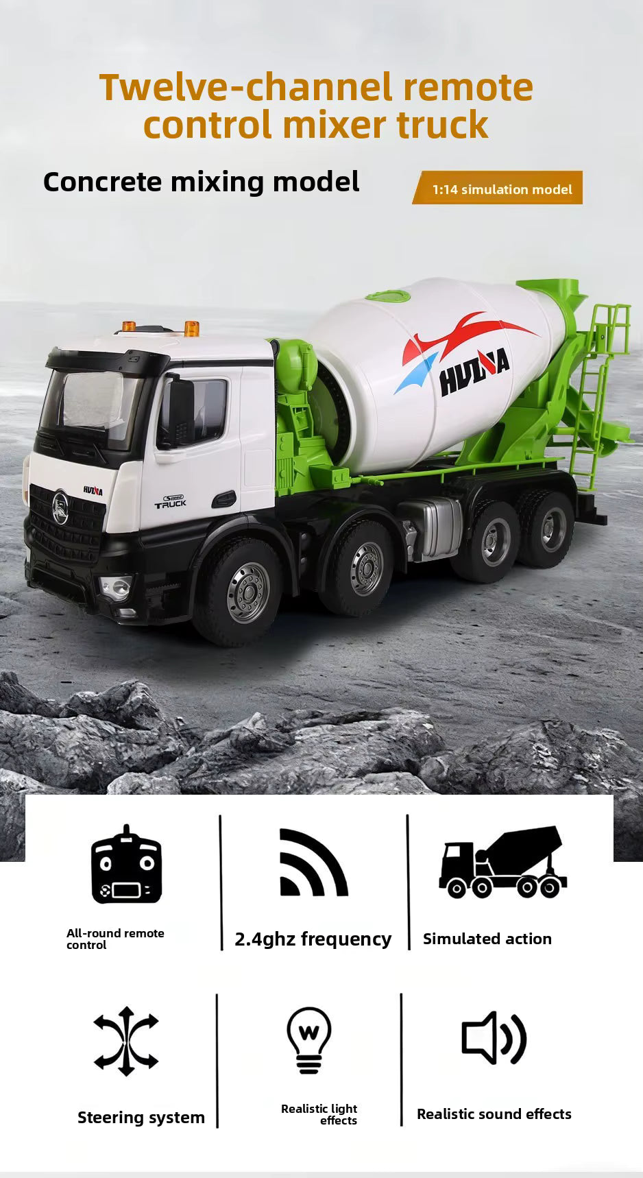 Huina 1537 1:14 RTR Metal Remote Control Mixer Truck 2.4G 12CH Light Sound Effects Agitating Lorry Finished description image 1