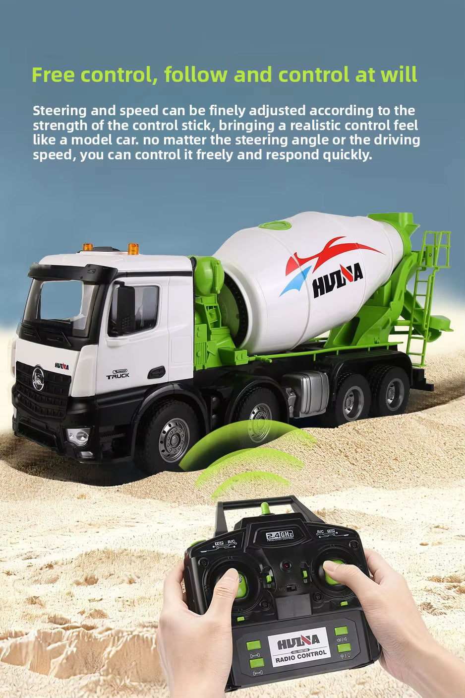 Huina 1537 1:14 RTR Metal Remote Control Mixer Truck 2.4G 12CH Light Sound Effects Agitating Lorry Finished description image 5