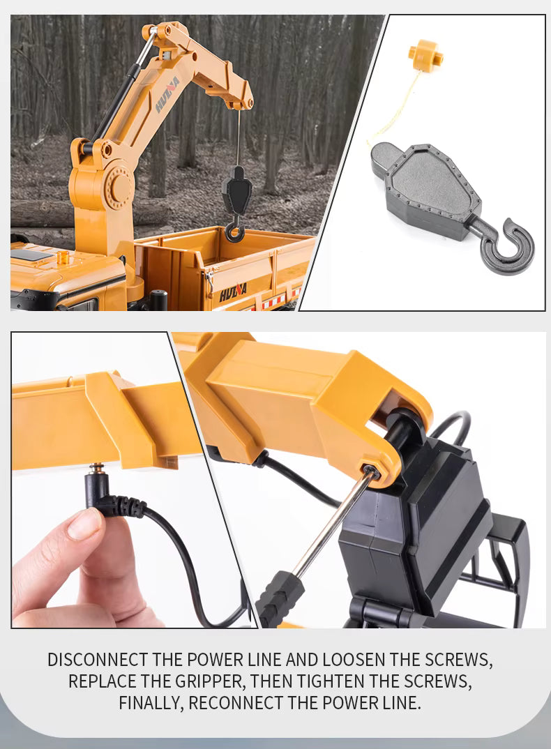HUINA 1538 1/14 26CH Alloy Wood Grabber Dumper Remote Control Engineering Construction Model description image 12