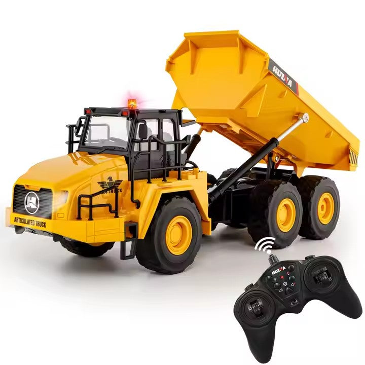 Huina 1553 1:16 11CH RC Dump Truck, 2.4GHz Remote-Control Articulated Construction Vehicle with Motorized Tilting Bed, LED Lights, Sound Effects, Demo Mode, 3.7V 900mAh Rechargeable Battery