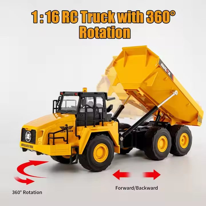 Huina 1553 1:16 11CH RC Dump Truck, 2.4GHz Remote-Control Articulated Construction Vehicle with Motorized Tilting Bed, LED Lights, Sound Effects, Demo Mode, 3.7V 900mAh Rechargeable Battery