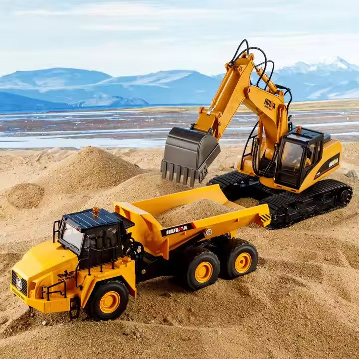 Huina 1553 1:16 11CH RC Dump Truck, 2.4GHz Remote-Control Articulated Construction Vehicle with Motorized Tilting Bed, LED Lights, Sound Effects, Demo Mode, 3.7V 900mAh Rechargeable Battery