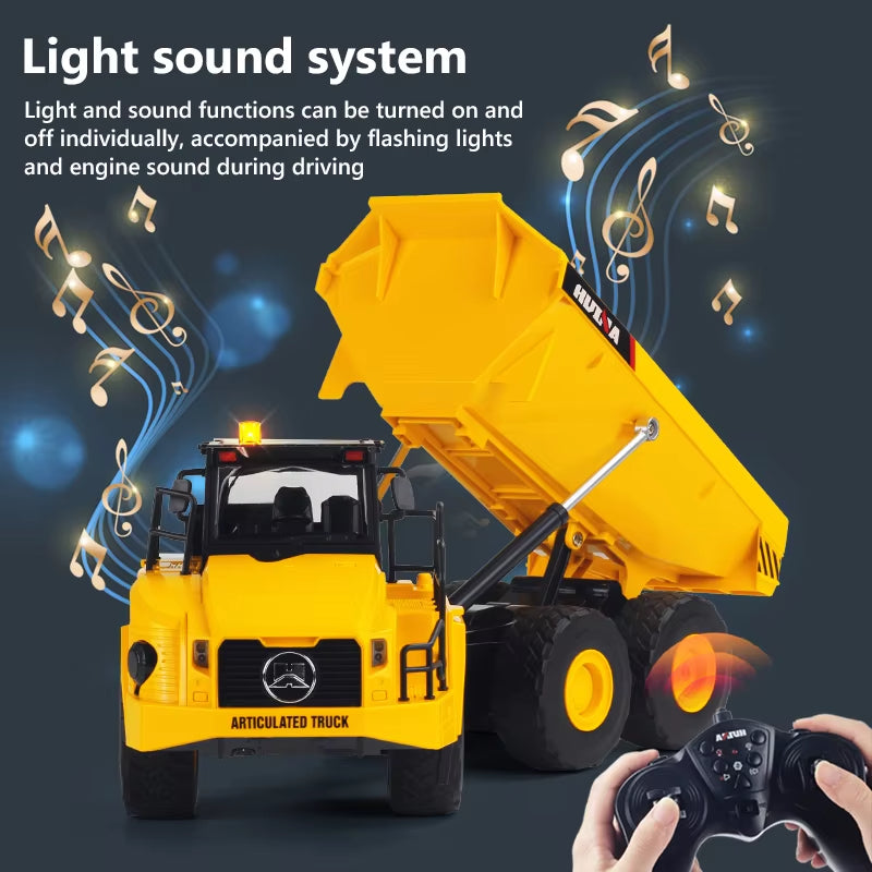 Huina 1553 1:16 11CH RC Dump Truck, 2.4GHz Remote-Control Articulated Construction Vehicle with Motorized Tilting Bed, LED Lights, Sound Effects, Demo Mode, 3.7V 900mAh Rechargeable Battery