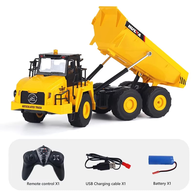 Huina 1553 1:16 11CH RC Dump Truck, 2.4GHz Remote-Control Articulated Construction Vehicle with Motorized Tilting Bed, LED Lights, Sound Effects, Demo Mode, 3.7V 900mAh Rechargeable Battery