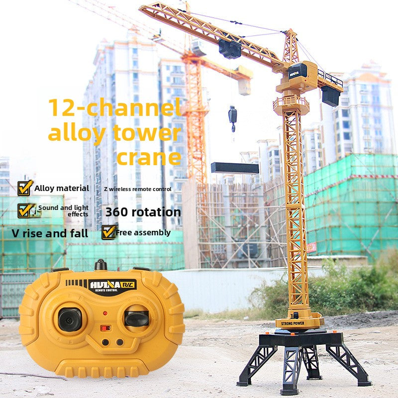 Huina 1585 - 1:14 12CH RC Tower Crane, Semi-Alloy Construction Crane with 2.4GHz Remote Control, 360° Rotation, Working Hook and Trolley, LED Lights, Sound Effects, Rechargeable Battery