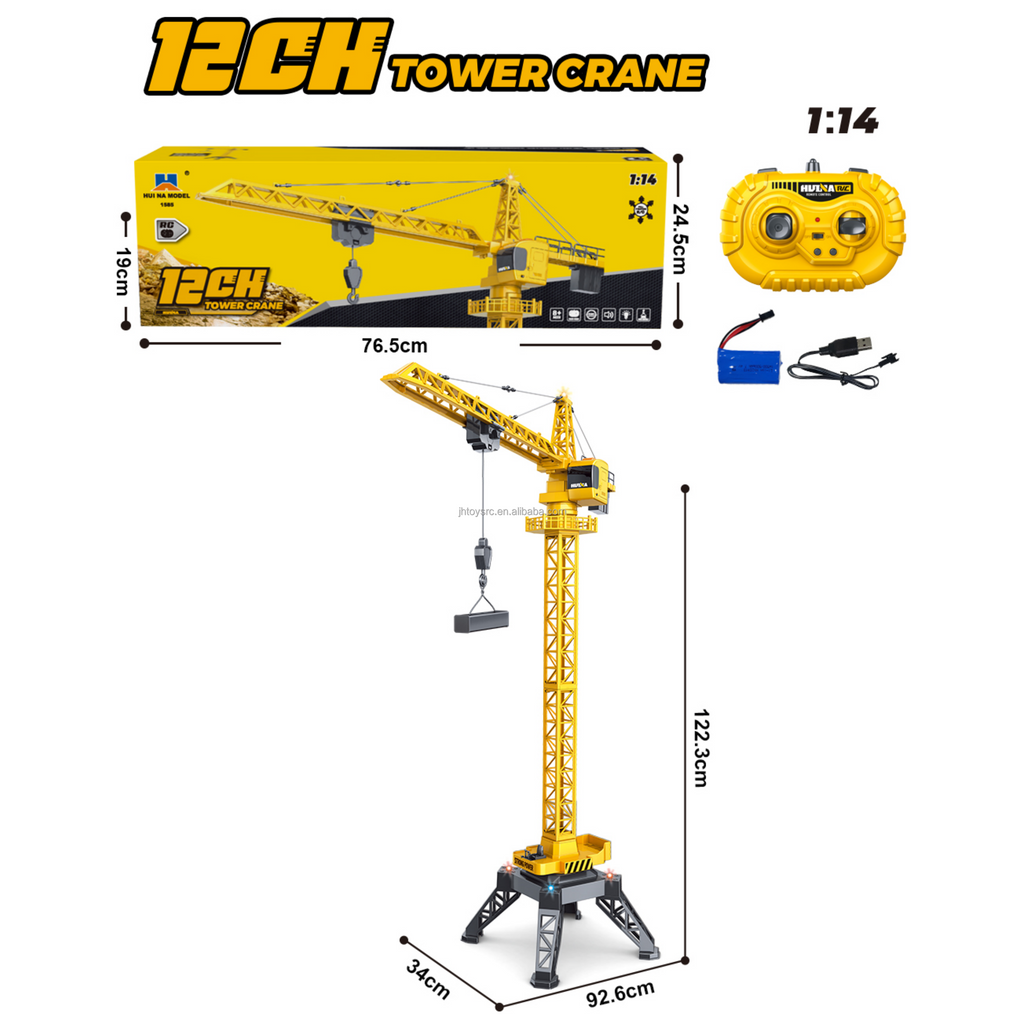 Huina 1585 - 1:14 12CH RC Tower Crane, Semi-Alloy Construction Crane with 2.4GHz Remote Control, 360° Rotation, Working Hook and Trolley, LED Lights, Sound Effects, Rechargeable Battery