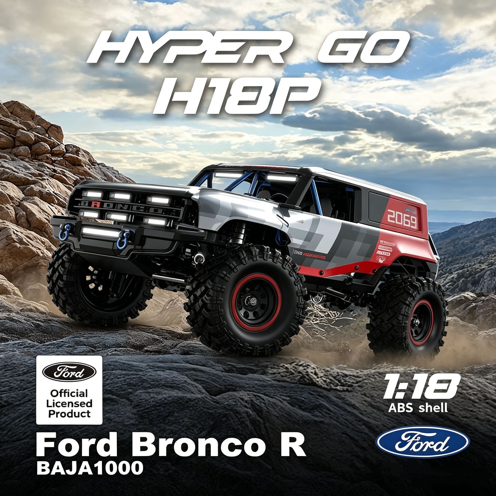 MJX Hyper Go H18P - 1:18 Ford Bronco R Baja1000 Brushless RC Crawler, 1606 4200KV Motor, 15A ESC, 3-Mode FWD/4WD/DIG, 2.4GHz 4CH Radio, 7.4V 500mAh LiPo Battery