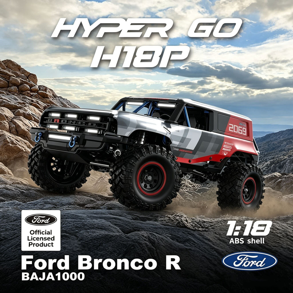 MJX Hyper Go H18P - Ford Bronco R Baja1000 1:18 4WD Brushless RC Crawler, 1606 4200KV Motor, 15A ESC, 3-Mode FWD/4WD/DIG, ABS Body, 2.4GHz 4-Channel Radio, 7.4V Battery, USB Charger & Accessories