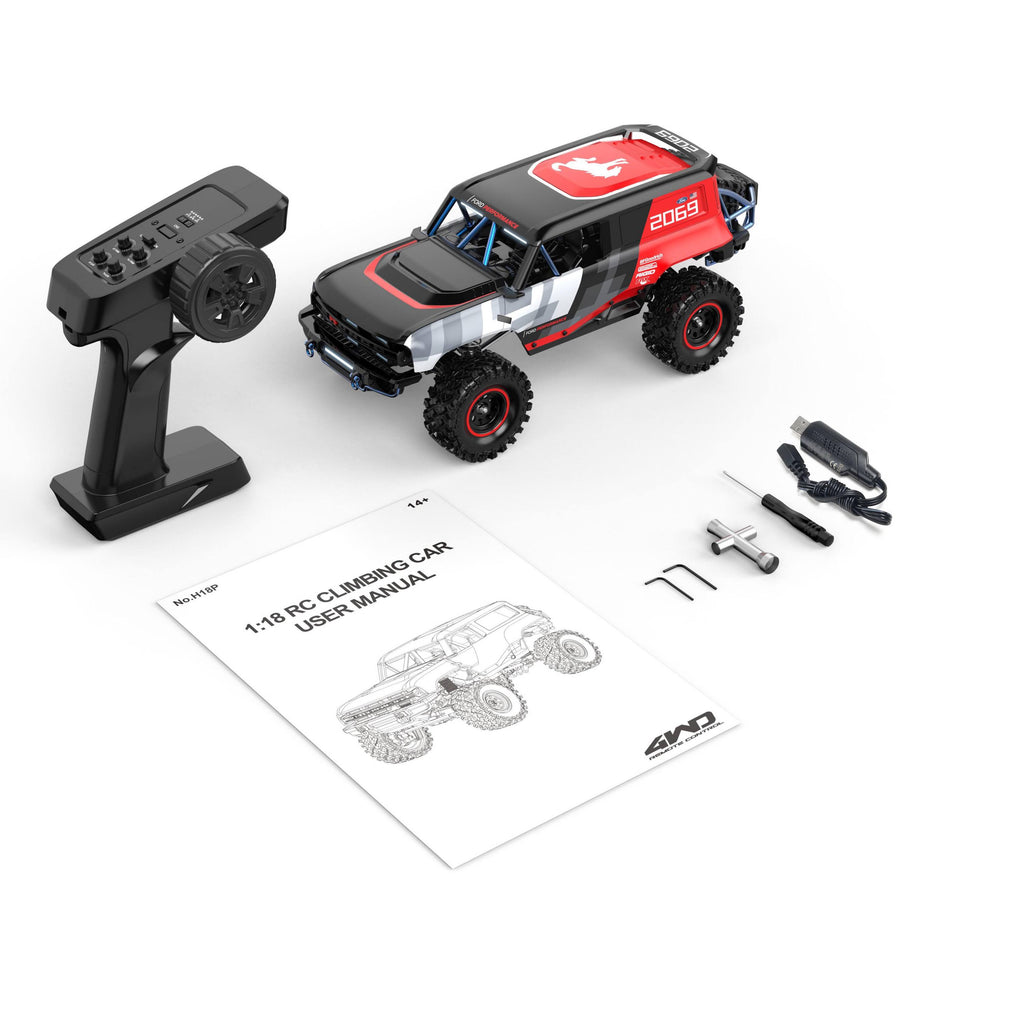 MJX Hyper Go H18P - Ford Bronco R Baja1000 1:18 4WD Brushless RC Crawler, 1606 4200KV Motor, 15A ESC, 3-Mode FWD/4WD/DIG, ABS Body, 2.4GHz 4-Channel Radio, 7.4V Battery, USB Charger & Accessories