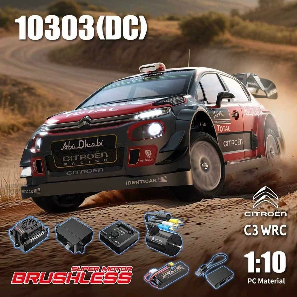 MJX Hyper Go 10303 DC - 1:10 Citroën C3 WRC 4WD Brushless RC Rally Car, 3652 3200KV Sensored Motor, 80A ESC, G3C Gyro, 6KG Servo, 7075 Aluminum Chassis, Metal Drivetrain & 2S Battery