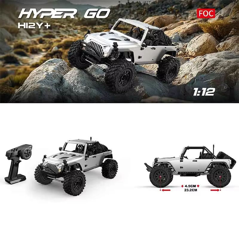 MJX Hyper Go H12Y+ - 1:12 4WD Brushless RC Crawler, 3650 3500KV Sensored Motor, 45A ESC, Aluminum Alloy Body, 20KG Metal Gear Servo, Portal Axles, 2S Battery, 2.4GHz 4CH Radio with LED Lights