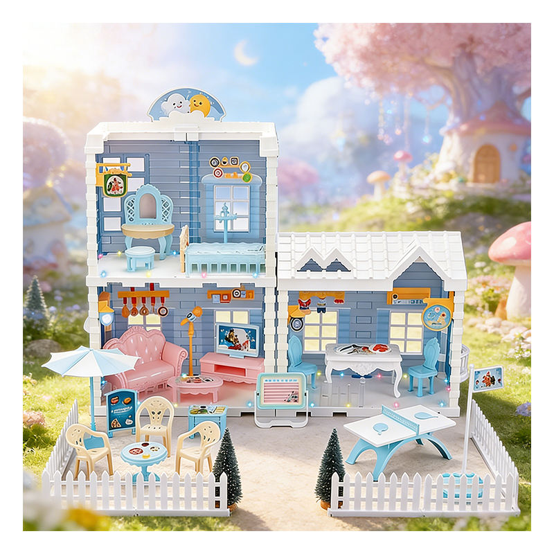 Snow House DIY Dollhouse Playset for Kids, Blue and White Winter-Themed Miniature Dream House with Furniture and Accessories, Creative Pretend Play Toy for Girls, Birthday Gift - 668-89A
