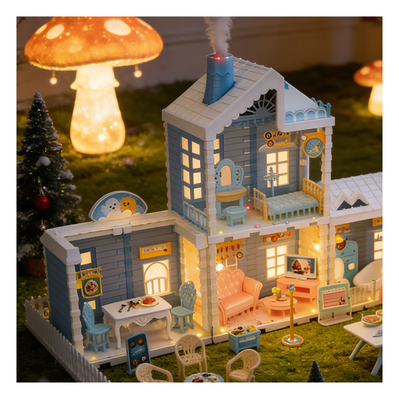 Snow House DIY Dollhouse Playset for Kids, Blue and White Winter-Themed Miniature Dream House with Furniture and Accessories, Creative Pretend Play Toy for Girls, Birthday Gift - 668-89A