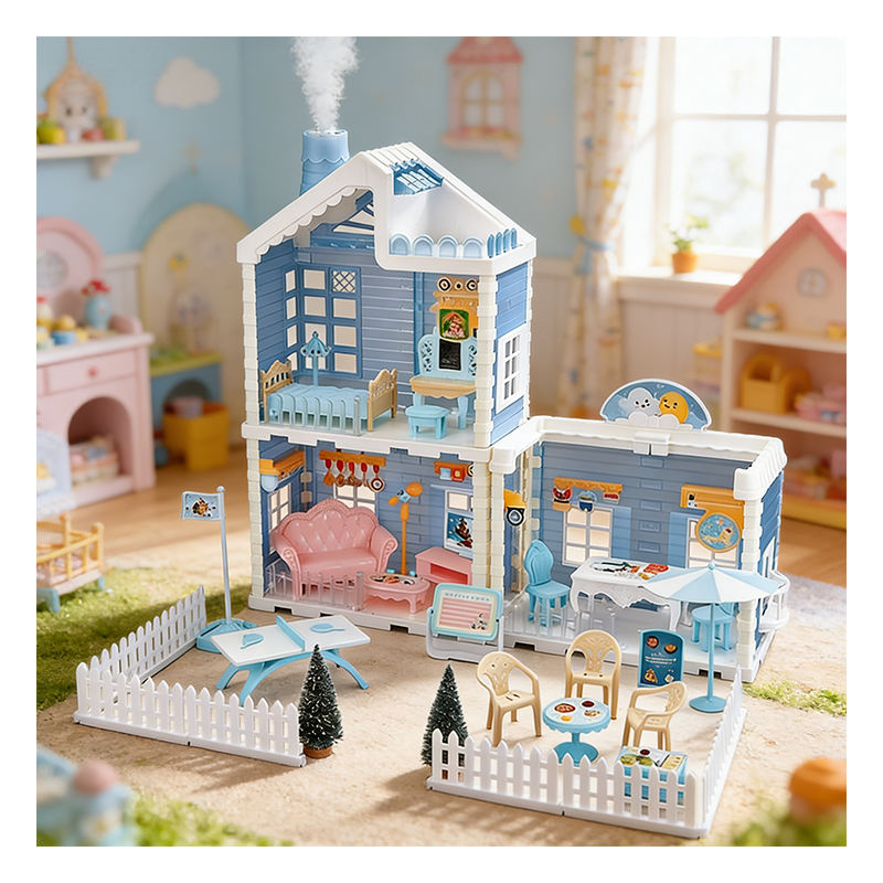 Snow House DIY Dollhouse Playset for Kids, Blue and White Winter-Themed Miniature Dream House with Furniture and Accessories, Creative Pretend Play Toy for Girls, Birthday Gift - 668-89A