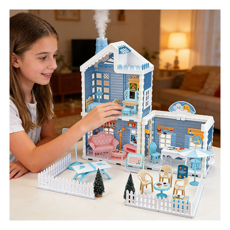 Snow House DIY Dollhouse Playset for Kids, Blue and White Winter-Themed Miniature Dream House with Furniture and Accessories, Creative Pretend Play Toy for Girls, Birthday Gift - 668-89A