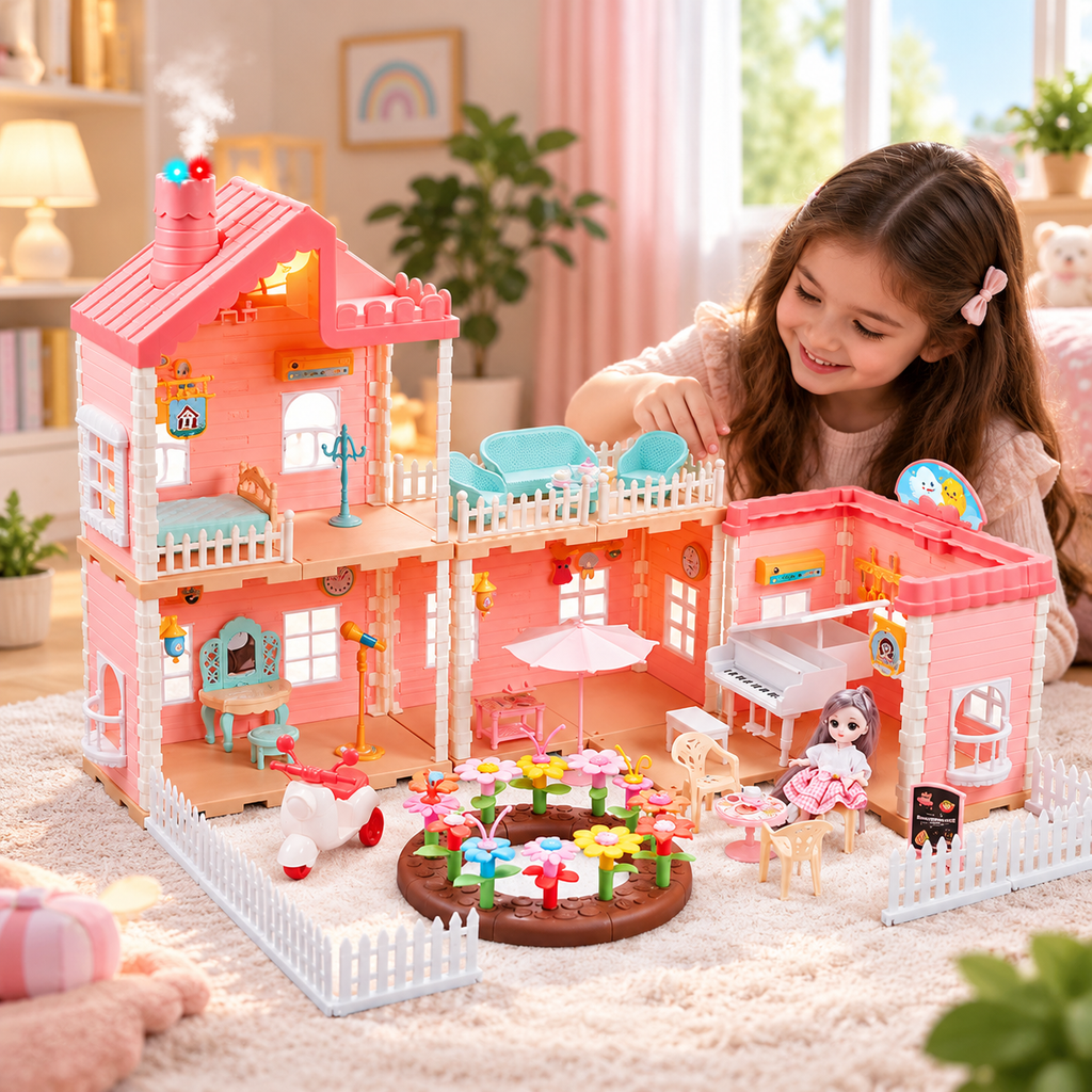 Princess House Dollhouse 668-82A, 195-Piece DIY Assembly Playset with Furniture, Jointed Doll, Light-Up Chimney, Spray Function, Multi-Level Villa, Garden Accessories and Pretend Play Features