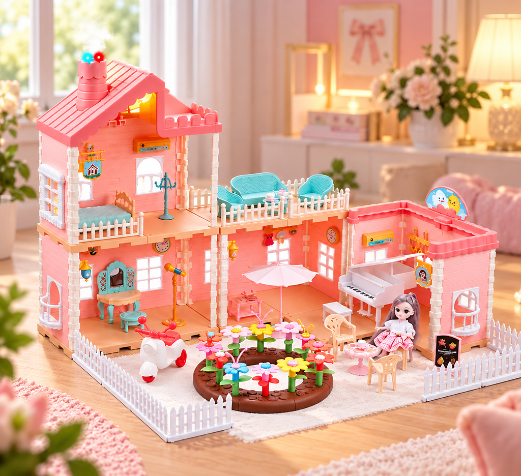 Princess House Dollhouse 668-82A, 195-Piece DIY Assembly Playset with Furniture, Jointed Doll, Light-Up Chimney, Spray Function, Multi-Level Villa, Garden Accessories and Pretend Play Features