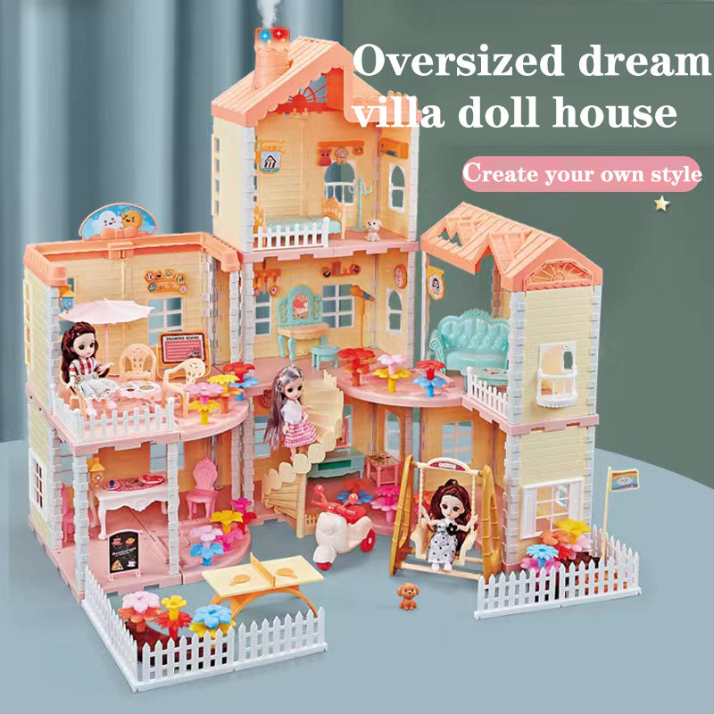 Large Doll House Kit Toys with Spray Function Pretend Play Dream Girl Doll House Furniture Toy for Kids #668-80A