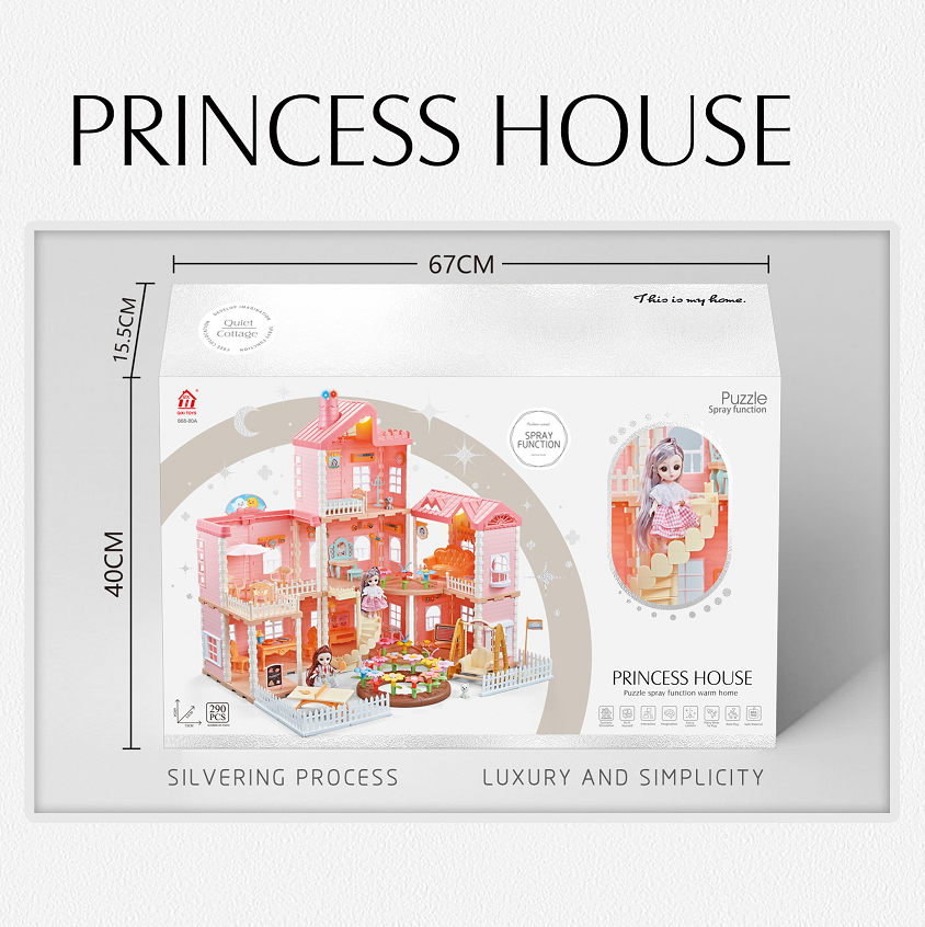Large Doll House Kit Toys with Spray Function Pretend Play Dream Girl Doll House Furniture Toy for Kids #668-80A