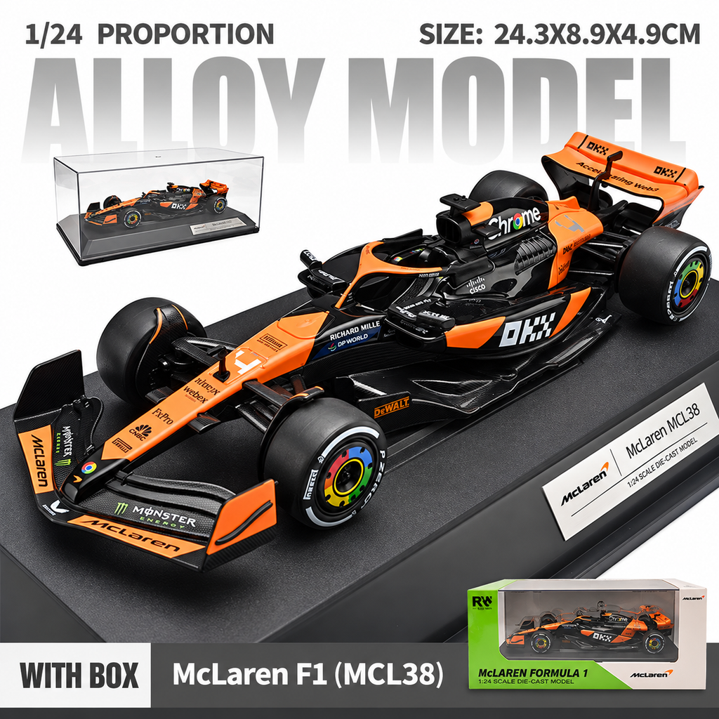 RW5224 McLaren MCL38 Formula 1 Die-Cast Model Car, 1:24 Scale, 2024 Miami Grand Prix Orange and Black Racing Livery