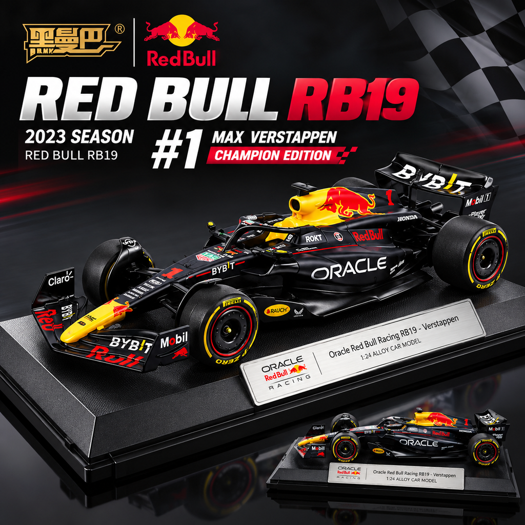 Black Mamba Oracle Red Bull Racing RB19 Formula 1 Die-Cast Model Car, 1:24 Scale, 2023 Racing Livery, Black and Yellow Collector Model
