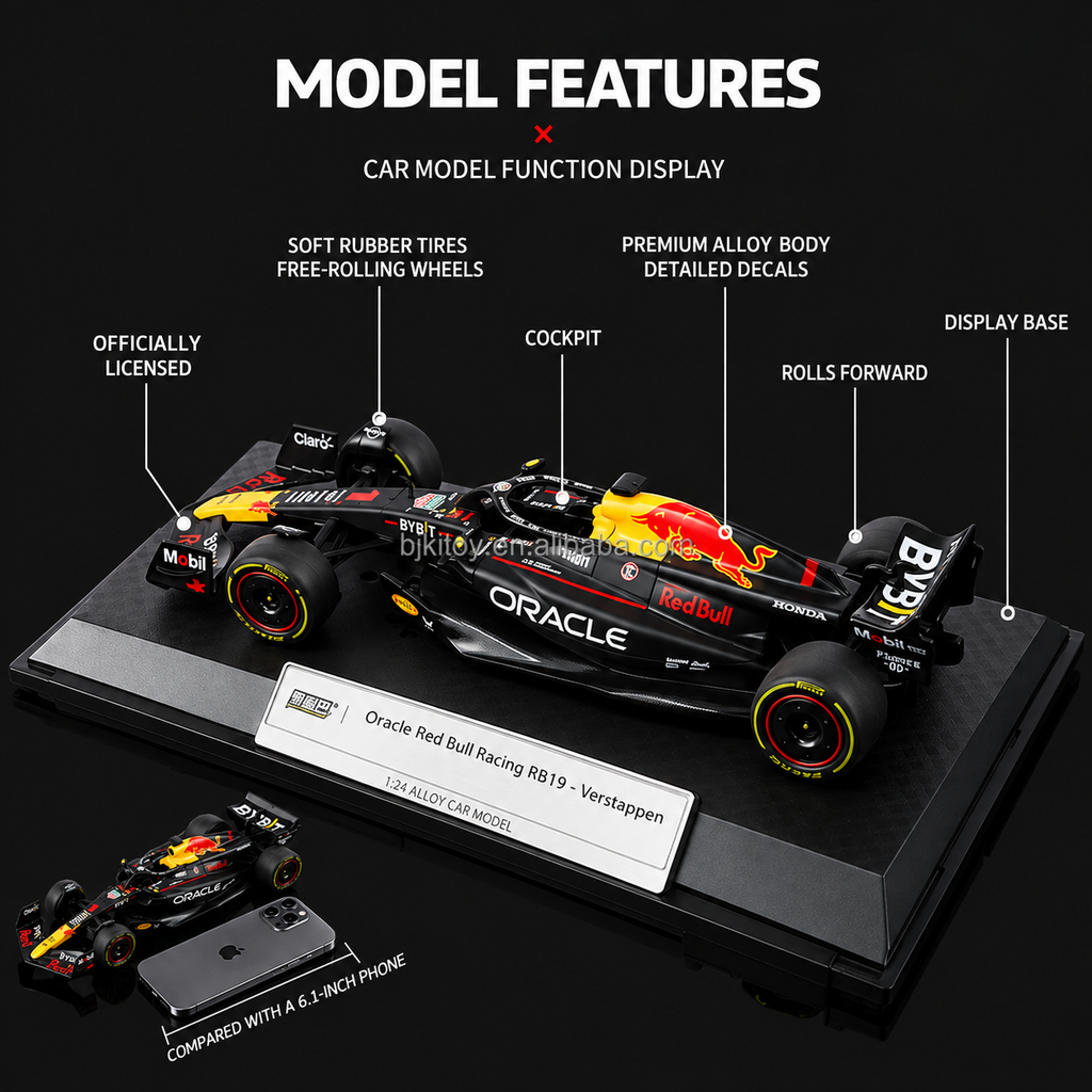 Black Mamba Oracle Red Bull Racing RB19 Formula 1 Die-Cast Model Car, 1:24 Scale, 2023 Racing Livery, Black and Yellow Collector Model