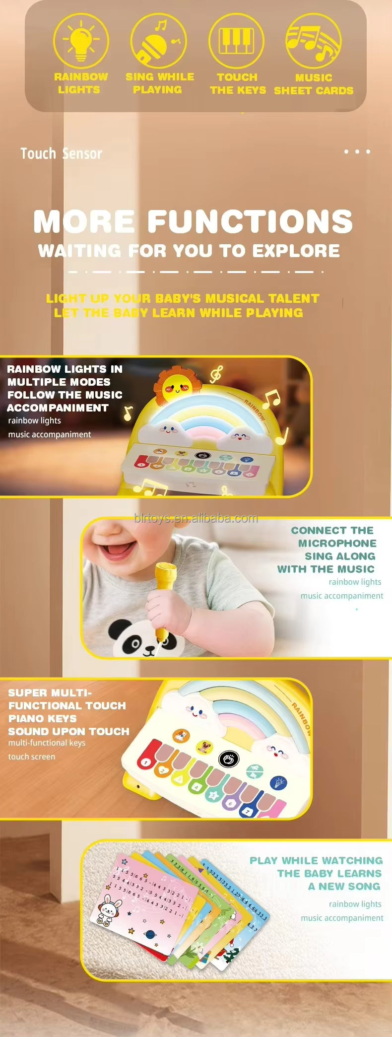 Rainbow Piano Keyboard Toy Kids Educational Touch Piano Electronic Piano Musical Instrument Toy with Microphone description image 2