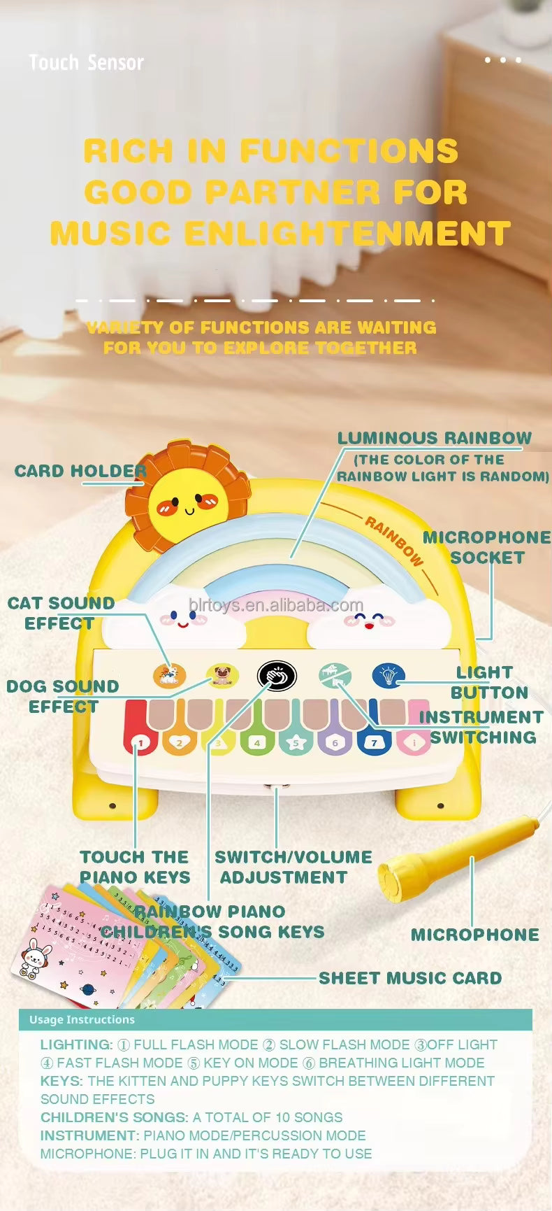 Rainbow Piano Keyboard Toy Kids Educational Touch Piano Electronic Piano Musical Instrument Toy with Microphone description image 6