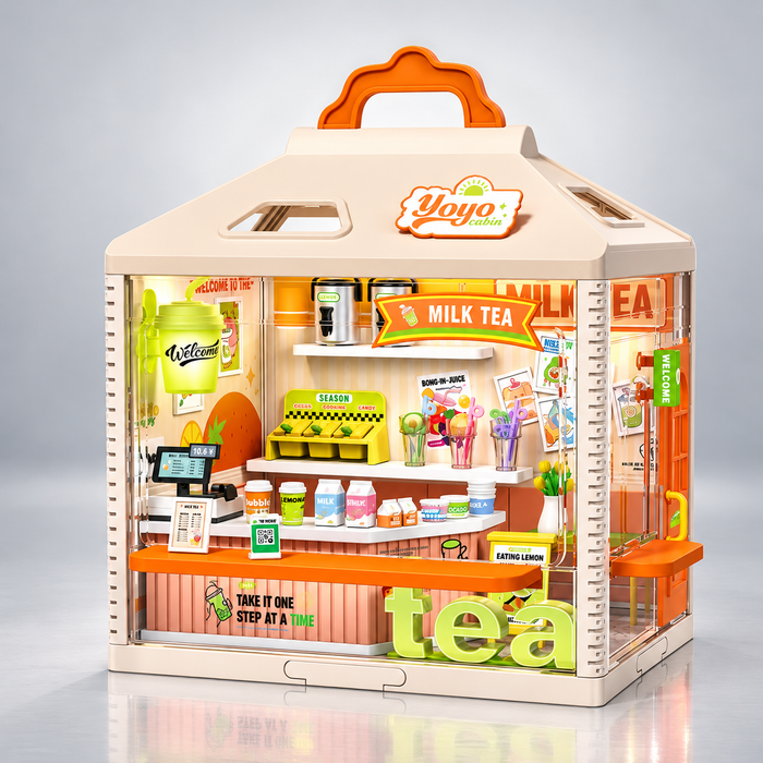 YOYO Cabin Micro Model Tea Shop Building Kit, 108 Pieces, Miniature Milk Tea Store with Detailed Counters, Drink Displays, Shop Signage, Decorative Accessories and Carry Handle - 866-23A