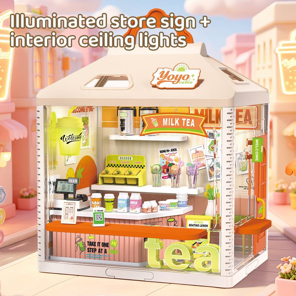 YOYO Cabin Micro Model Tea Shop Building Kit, 108 Pieces, Miniature Milk Tea Store with Detailed Counters, Drink Displays, Shop Signage, Decorative Accessories and Carry Handle - 866-23A