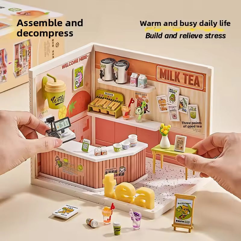 YOYO Cabin Micro Model Tea Shop Building Kit, 108 Pieces, Miniature Milk Tea Store with Detailed Counters, Drink Displays, Shop Signage, Decorative Accessories and Carry Handle - 866-23A