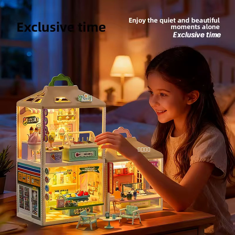 YOYO Cabin Micro Model Tea Shop Building Kit, 108 Pieces, Miniature Milk Tea Store with Detailed Counters, Drink Displays, Shop Signage, Decorative Accessories and Carry Handle - 866-23A