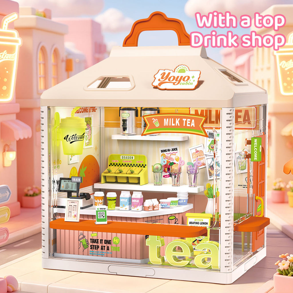 YOYO Cabin Micro Model Tea Shop Building Kit, 108 Pieces, Miniature Milk Tea Store with Detailed Counters, Drink Displays, Shop Signage, Decorative Accessories and Carry Handle - 866-23A