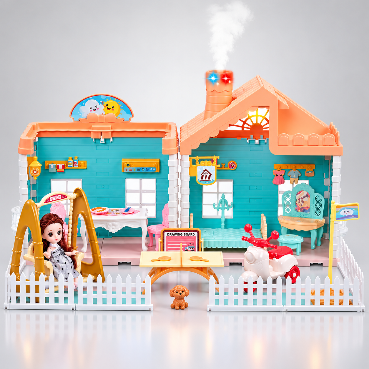 Princess House Dollhouse 668-10A, 95-Piece DIY Assembly Villa Playset with 4.5-Inch Jointed Doll, Roof Light, Chimney Spray and Light Effects, Furniture, Swing, Motorcycle and Accessories