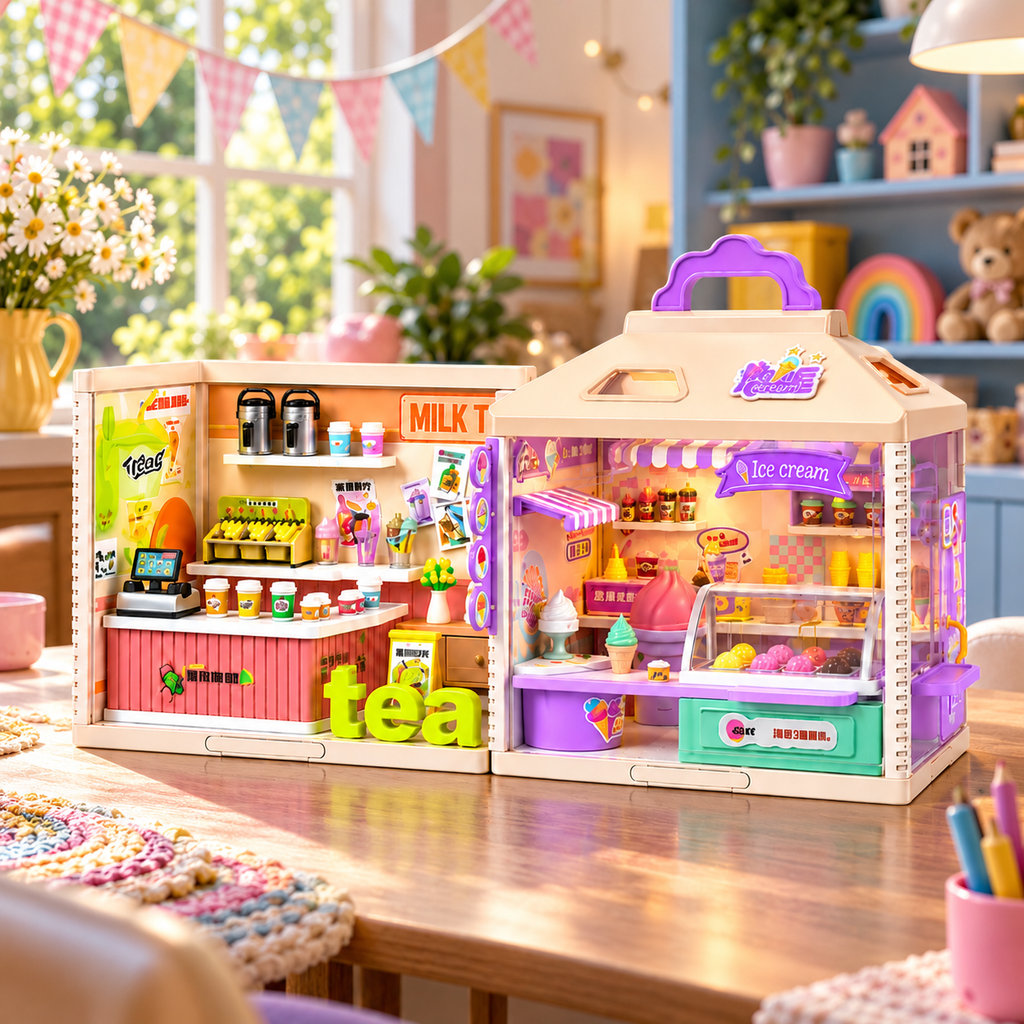YOYO Cabin Mini Shop Dollhouse Playset 866-11A, 224-Piece DIY Tea Shop and Ice Cream Store with LED Lights, Miniature Food, Display Counters, Shelves and Shop Accessories, Pretend Play Toy