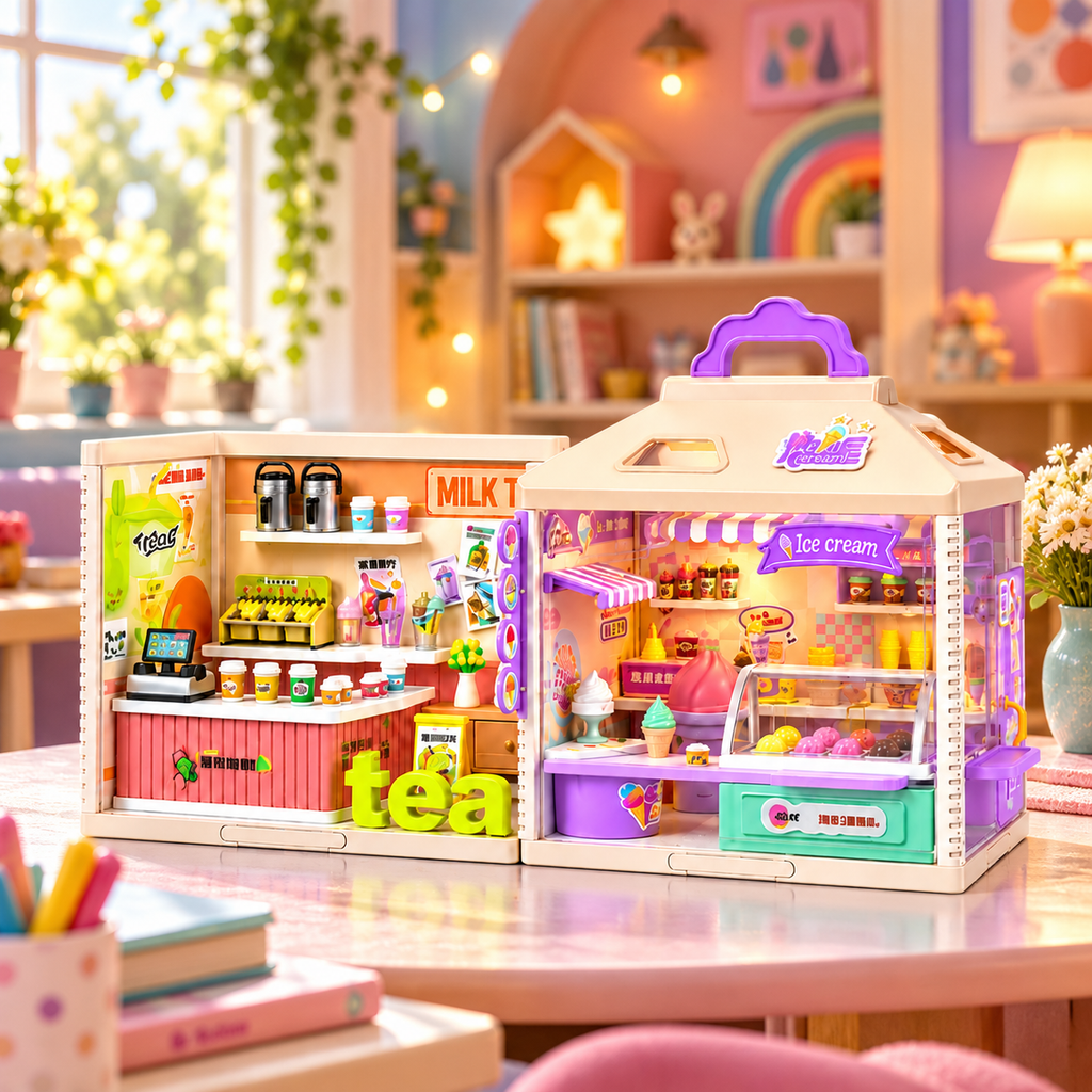 YOYO Cabin Mini Shop Dollhouse Playset 866-11A, 224-Piece DIY Tea Shop and Ice Cream Store with LED Lights, Miniature Food, Display Counters, Shelves and Shop Accessories, Pretend Play Toy