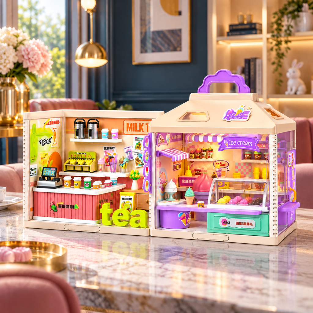 YOYO Cabin Mini Shop Dollhouse Playset 866-11A, 224-Piece DIY Tea Shop and Ice Cream Store with LED Lights, Miniature Food, Display Counters, Shelves and Shop Accessories, Pretend Play Toy
