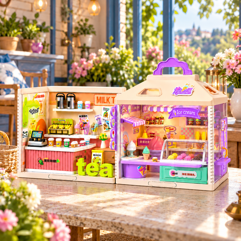 YOYO Cabin Mini Shop Dollhouse Playset 866-11A, 224-Piece DIY Tea Shop and Ice Cream Store with LED Lights, Miniature Food, Display Counters, Shelves and Shop Accessories, Pretend Play Toy