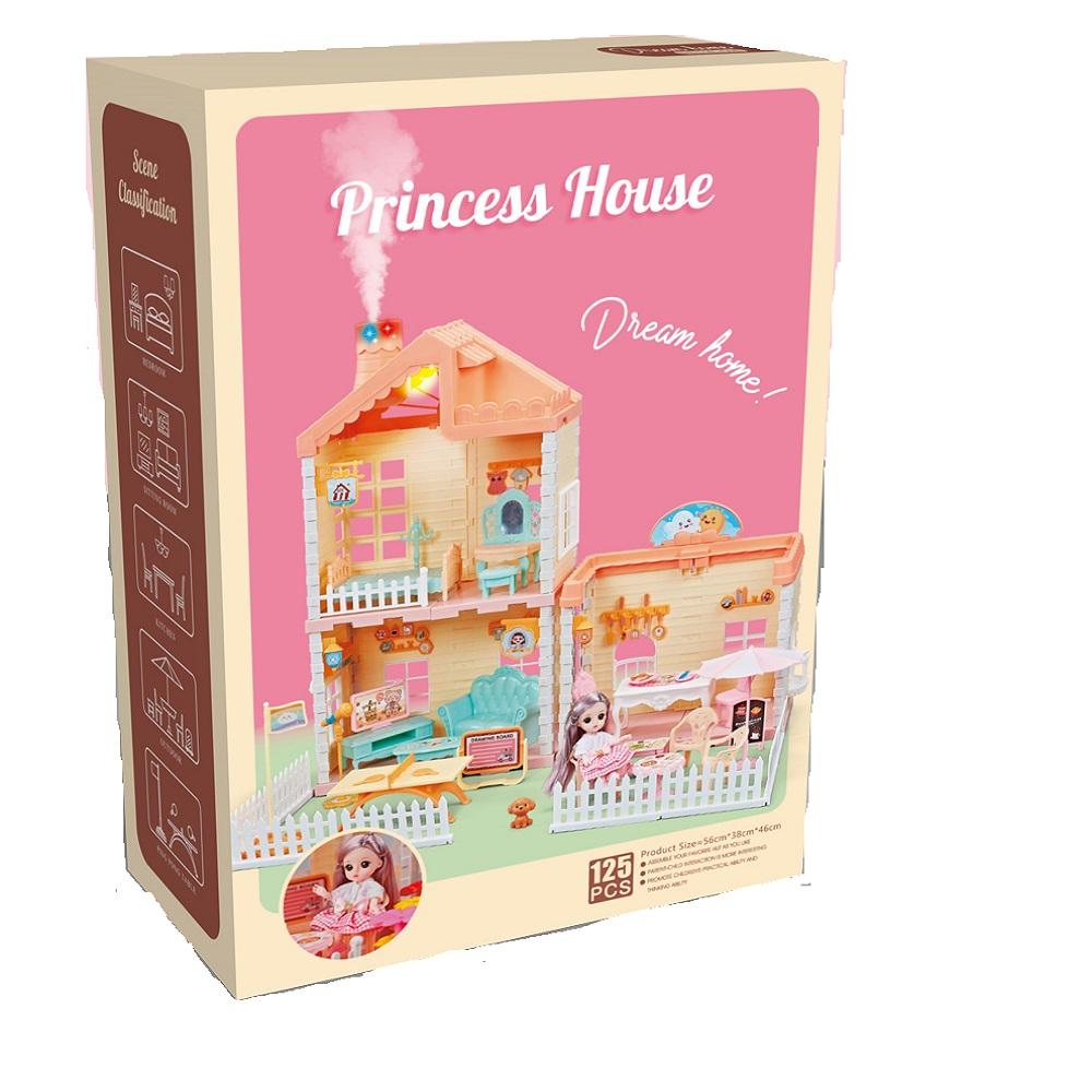 Princess House DIY Dollhouse Playset for Kids, 125-Piece Pink Miniature Dream House with Doll, Furniture, Dining Set, Accessories and Decorative Fencing, Pretend Play Toy Gift for Girls - 668-39A