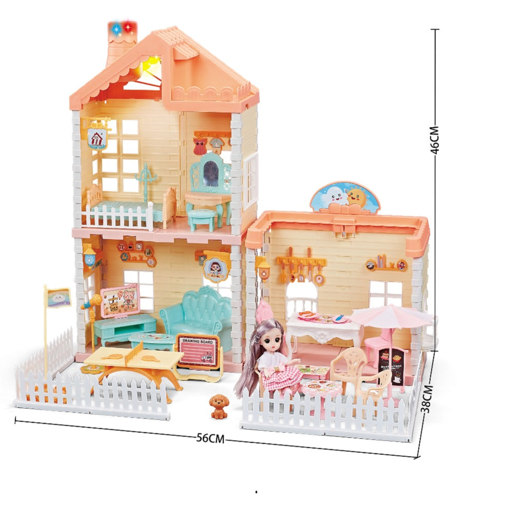 Princess House DIY Dollhouse Playset for Kids, 125-Piece Pink Miniature Dream House with Doll, Furniture, Dining Set, Accessories and Decorative Fencing, Pretend Play Toy Gift for Girls - 668-39A