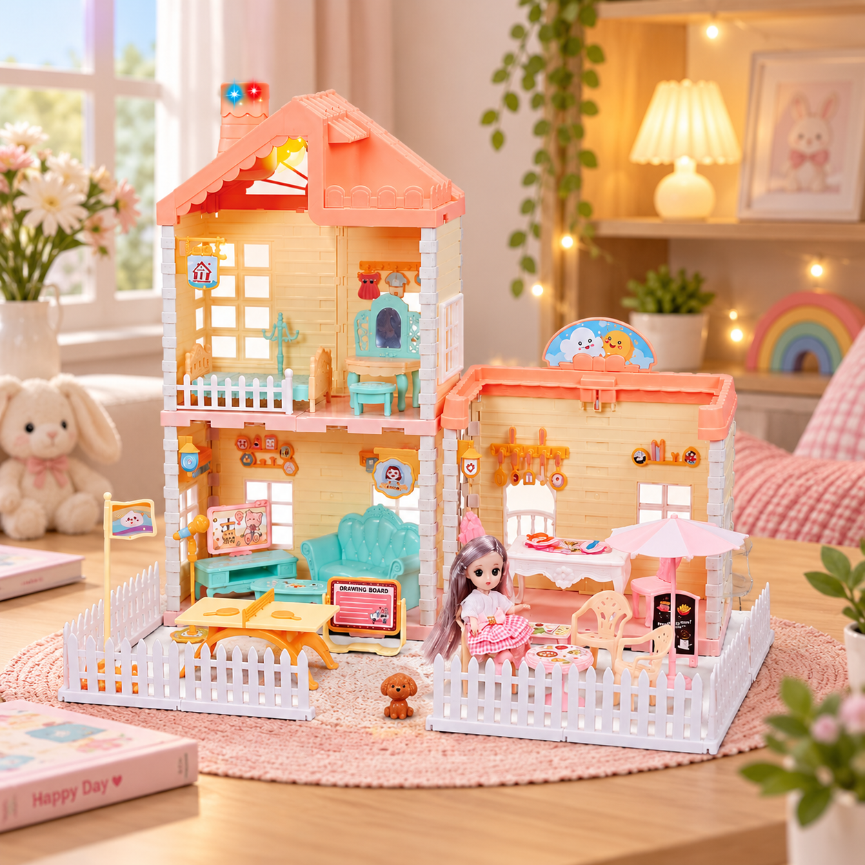 Princess House DIY Dollhouse Playset for Kids, 125-Piece Pink Miniature Dream House with Doll, Furniture, Dining Set, Accessories and Decorative Fencing, Pretend Play Toy Gift for Girls - 668-39A